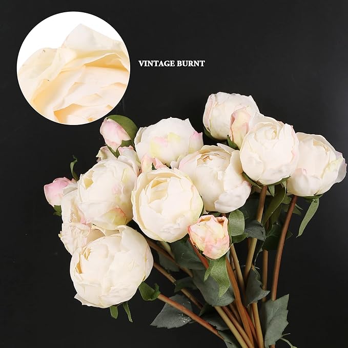 2 Bouquets Peonies Artificial Flowers, Vintage Peonies 18pcs White Fake Flowers for Home Decoration Wedding Decoration Bride Bouquet Silk Peonies for Flowers Crafts Floral Arrangement (White)