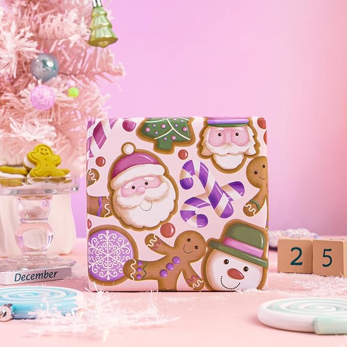 WRAPAHOLIC Christmas Wrapping Paper Roll - Mini Roll - 3 Rolls - 17 Inch x 120 Inch Per Roll - Pink & Blue Gingerbread Wrapping Paper Holiday Collection for Xmas Holiday, Party Celebration