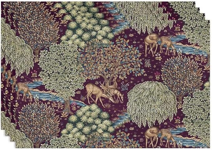 William Morris Flower Placemats Set of 4, Vintage Boho Floral Tree Plant Deers Woodland Animals Place Mats, Heat Resistant Non Slip Cotton Linen Dining Table Mats for Home Kitchen Party 18x12 Inch 1PC