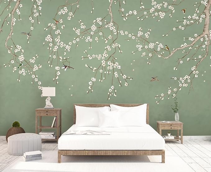 Cliouar-Decor Beautiful Wallpaper Birds and Flower Green Background Peel and Stick 160" x 114"