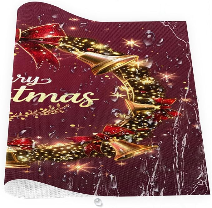 Xmas Christmas Bells Red Placemats Set of 6 PVC Vinyl Non Slip Table Mats Heat Resistant Place Mats Washable Wipeable Dining Table Mat for Kitchen Decor Party Indoor Outdoor Decorative Gift