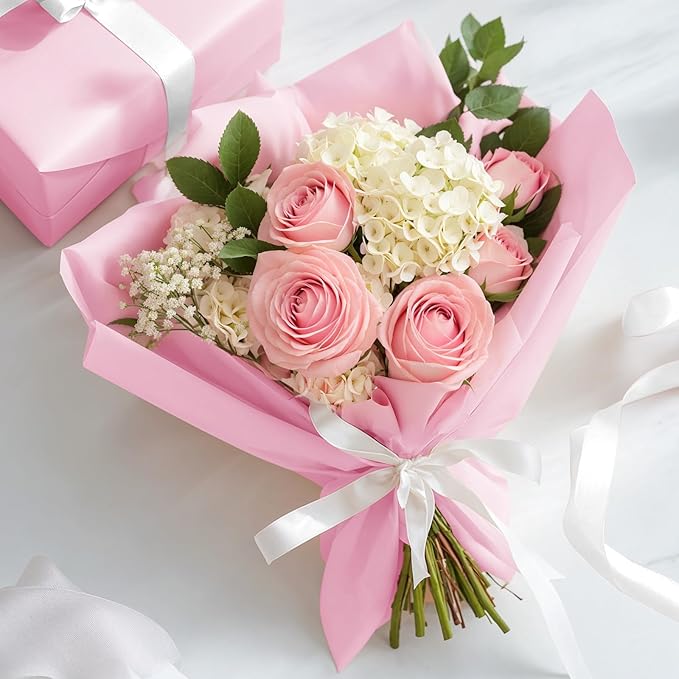YTDEK Flower Wrapping Paper 20 Sheets Light Pink Floral Bouquet Wrapping Paper with Ribbon for Florist Supplies Birthday Wedding Shower Anniversary Graduation