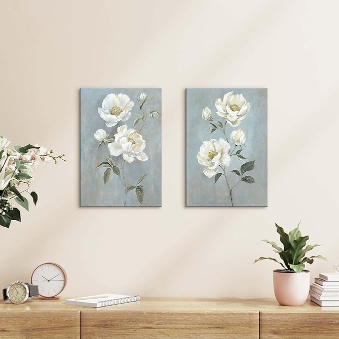 Flower Canvas Abstract Wall Art: 2 Pieces White Floral Prints Artwork Vintage Peony Bouquet Botanical Painting Picture for Bedroom Living Room Bathroom Home Office