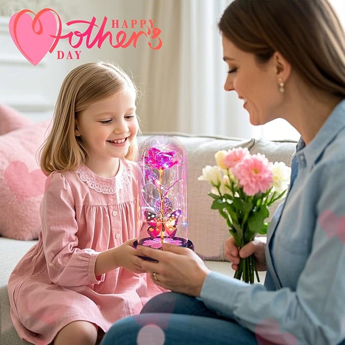 Pusuny Christmas Rose Gifts for Women Birthday Gift Galaxy Glass Rose Forever Eternal Crystal Flower Light Up Roses in Glass Dome with Butterfly Xmas Gifts for Women Mom Grandma Wife Her Sister Pink