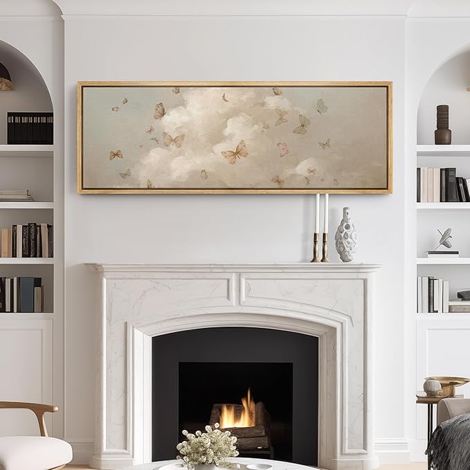 SIGNFORD Large Framed Canvas Print Wall Art Butterflies in the Clouds Dreamy Neutral Sky with Flying Butterflies Illustrations Modern Art Relax/Calm Warm for Living Room, Bedroom, Office - 60"x20"