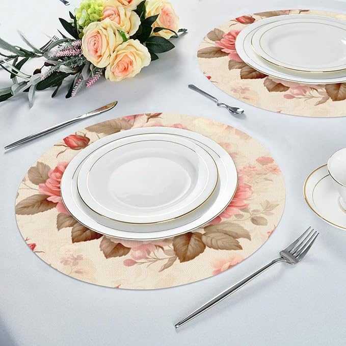 Flower Round Placemat Set of 4 Elegant Linen Table Mats for Dining, Heat Resistant, Stain Resistant Perfect for Dinner Parties, Restaurants, and Everyday Use