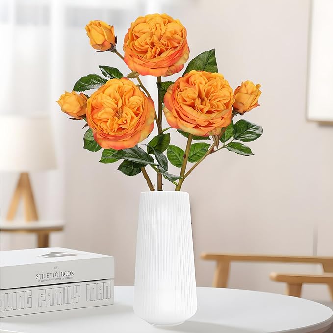 Real Touch Artificial Roses (Set of 3) – 23.6" Long Stem Orange Garden Roses – Lifelike Faux Silk Flowers for Wedding Bouquets, Home Décor, Centerpieces & Floral Arrangements