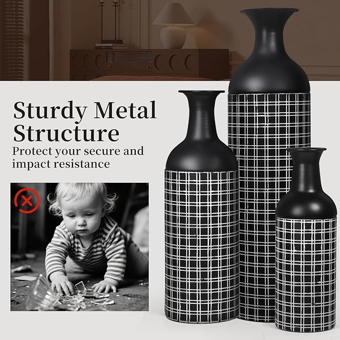 Tall Floor Vase Set of 3, Large Black Metal Vase with Minimalist White Lines & Detachable Vases Mouth, Big Modern Decorative Vases for Living Room,Hallway,Dining Rooms,Office,Kitchen.