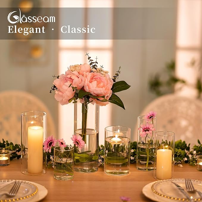 Glasseam Clear Glass Cylinder Vase, 6pcs Glass Vases for Centerpieces, Modern Floating Candle Vases for Flowers, Hurricane Vase Decor Candle Holders for Pillar Candles Wedding Decorations (4"/6"/8")