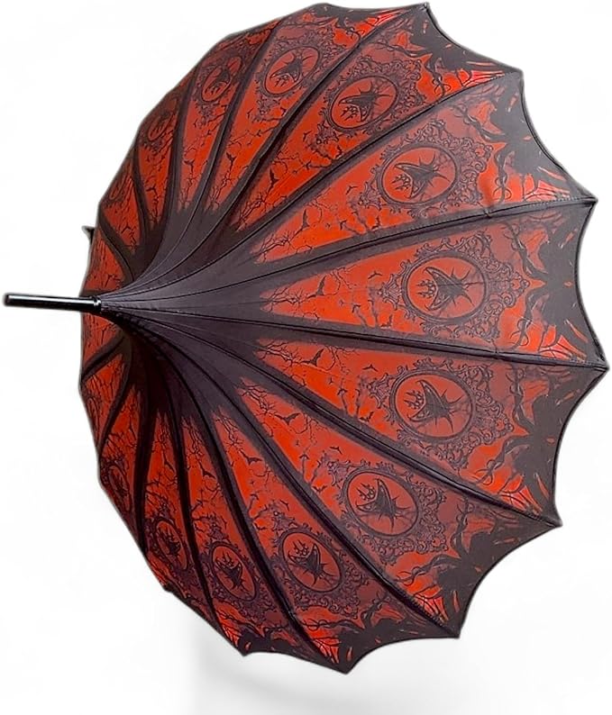 Pagoda Umbrella - Artisan Design with Bat Wing Scalloped Edges, Full Size Waterproof Windproof UV Protection Gothic Parasol with Carry Case