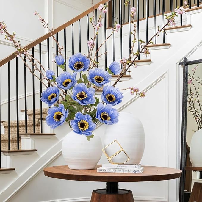 28.3" Blue Artificial Flowers Poppy Flowers 3Pcs Silk Fake Poppy Flowers Real Touch Faux Poppies Spring Flower Long Stem Arrangement with 4 Heads for Party Centerpiece Bouquet Table Home Decoration
