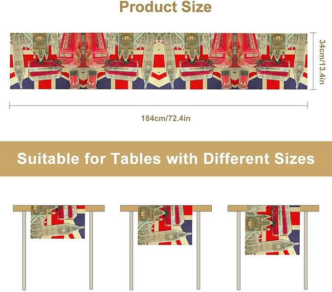 British Table Runner, Seasonal Vintage Buildings England London Culture Element Coffee Table Center Decor for Home Kitchen Dining Patio Holiday Party Table Decorations 13x90 inches