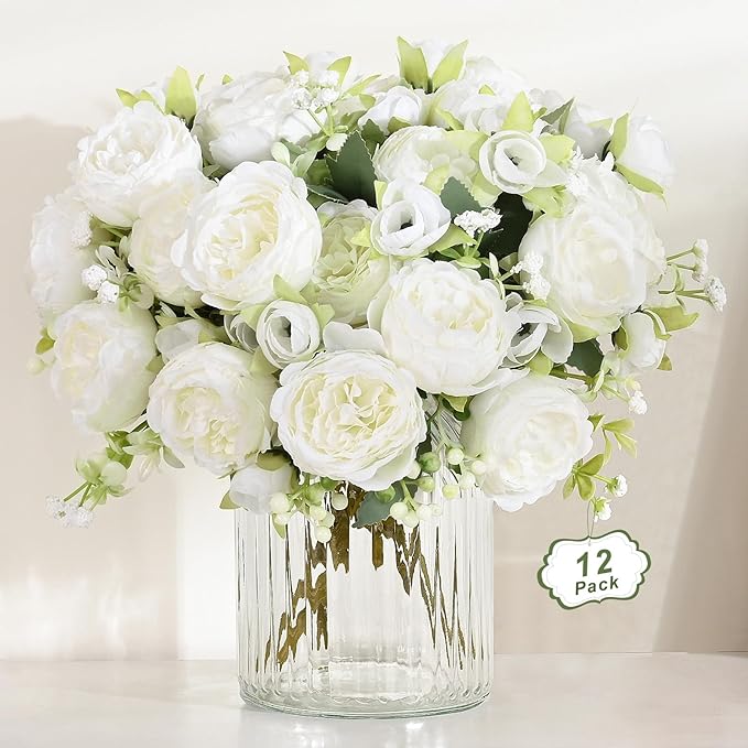 MARTINE MALL 12 Packs Peonies Artificial Flowers, White Artificial Peonies, Silk Peonies Flowers Fake Peonies Artificial Flowers Peonies Bouquet for Centerpiece Table Wedding Party Home Decor