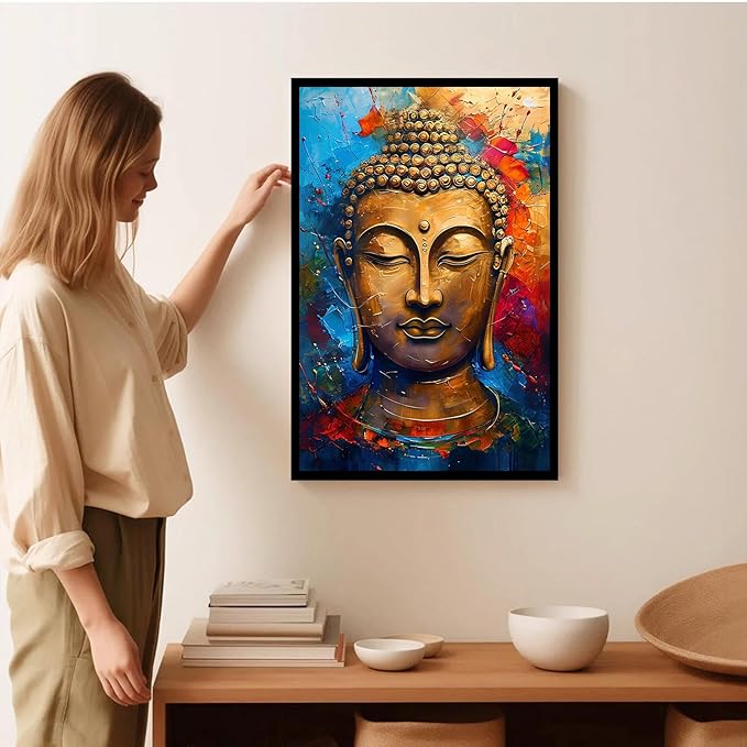 Golden Serenity Buddha Vintage Painting Wall Art Spirituality and Modern Art Wall Decor Adds Brilliance to Vibrant Home Decor 16x24in Metal blackFramed