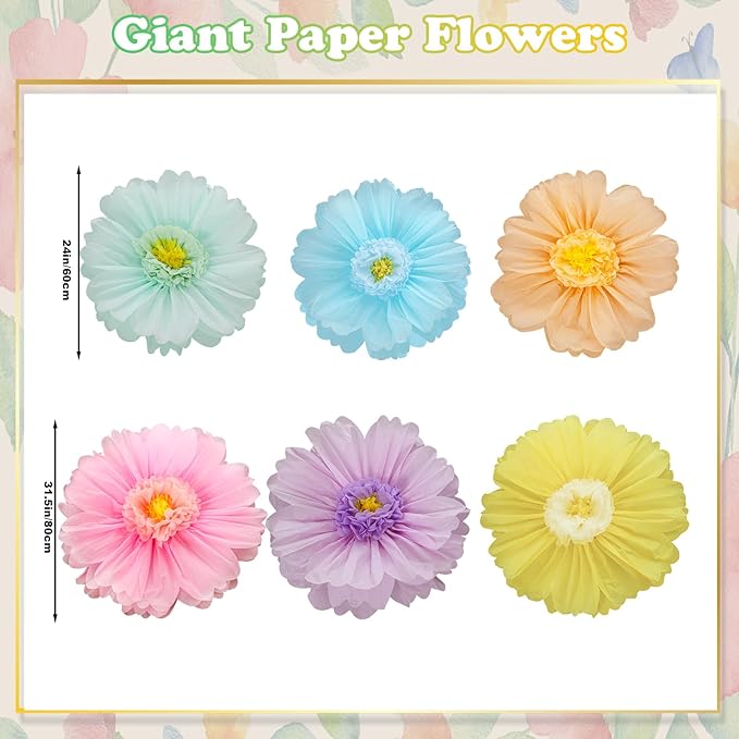 Giegxin 6 Pcs 31.5" 24" Pastel Giant Paper Flowers Extra Large Pink Floral Tissue Paper Flowers Pastel Floral Decoration for Christmas Mexican Fiesta Wall Wedding Bridal Shower Birthday Decor