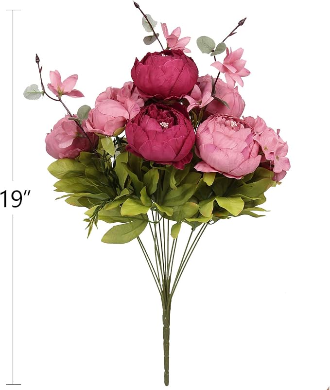 Flojery Silk Peony Bouquet Vintage Artificial Peonies Flower for Home Wedding Party Decor (1pcs, Burgundy)