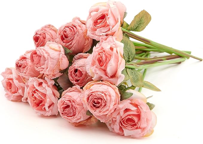 Rose Artificial Flower 12pcs Realistic Faux Silk Roses Fake Flowers Bouquets Arrangements Decor for Wedding Spring Mother's Day, Home Table Decorations, Pink Flower