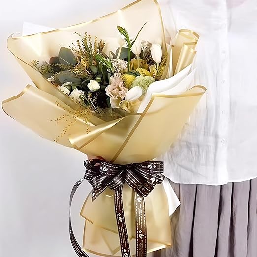 20 Sheets Gold Flower Wrapping Paper, Waterproof Floral Wrap Gold Edge Bouquet Wrapping Paper Florist Supplies (22.8 x 22.8 inch)