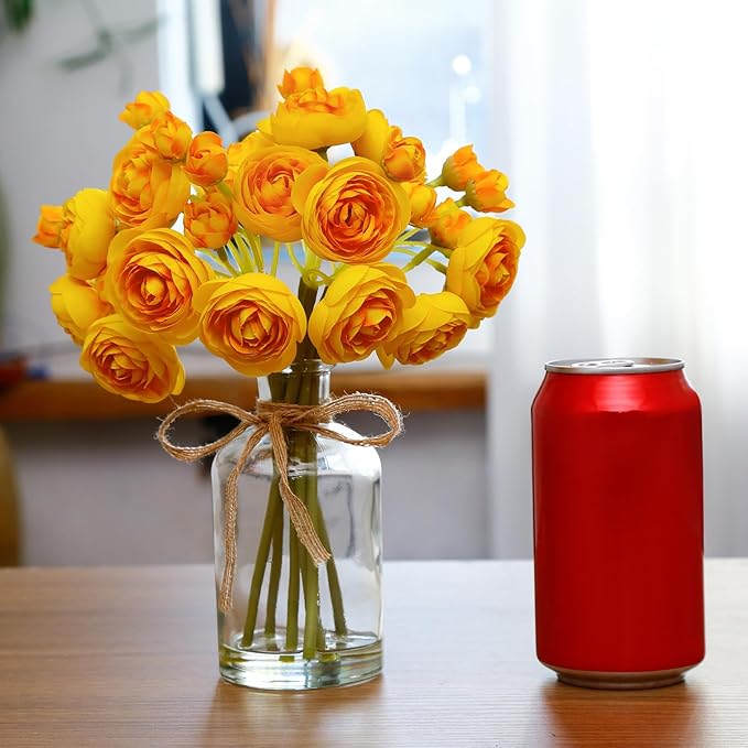 Ranunculus Artificial Flowers with Vase, 8 Pcs Faux Silk Ranunculus Flower in Vase, Small Flower Arrangements for Home Decor Indoor, Table Centerpiece. (Yellow)
