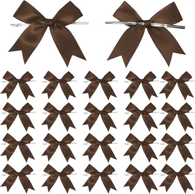 50 Counts Brown Twist Tie Bows 3.1" Pre-Tied Satin Ribbon Bow Decor Mini Twist Tie Bows for Gift Wrapping Treat Bags Cake Bridal Baby Shower Birthday Party Favors Wedding Decorations