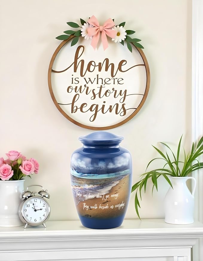Footprints Cremation Urn - Ocean Blue Memorial Urn with Beach & Waves – Full-Size Handcrafted Metal Funeral Urns for Men & Women’s Ashes (Up to 210 lbs) – A Beautiful Tribute for Ocean Lovers
