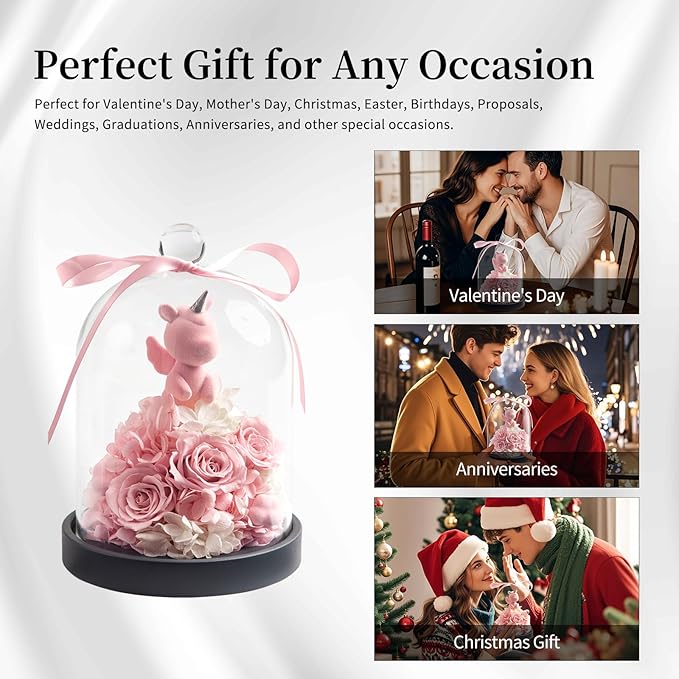 SEEROSE Preserved Rose with Unicorn in Glass Dome, Eternal Real Rose Romantic Gift for Her, Women, Mom, Wife, Girlfriend, Valentine’s Day, Mother’s Day, Christmas, Birthday (Lucky Unicorn, Pink)