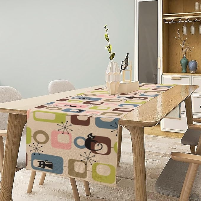 Mid Century Modern Black Cat Table Runner,Table Runners for Kitchen Dining Modern Tables Decor Decoration for Kitchen Family Dinner Table Holiday Party Farmhouse 13 x 60 Inch Pink