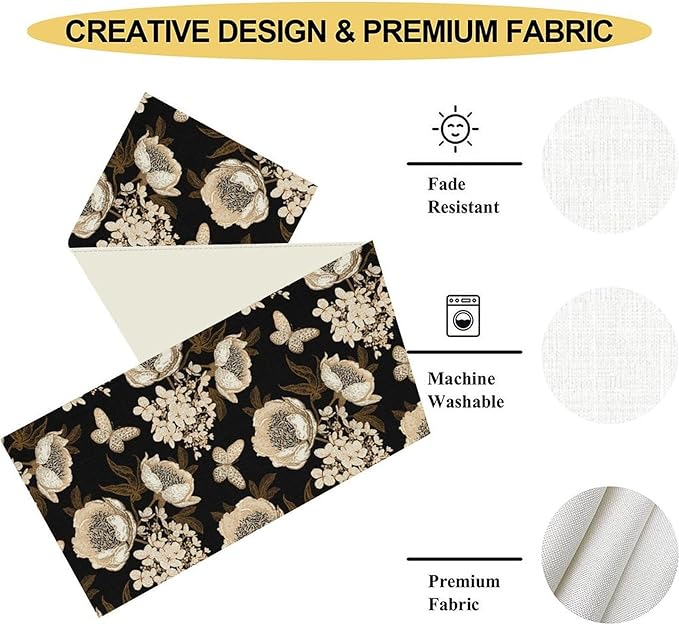 Boho Floral Table Runner, Retro Bohemian Abstract Flower Leaves Black Gothic Print Table Center Decor for Family Kitchen Table Decorations Indoor Outdoor 13x108 inch