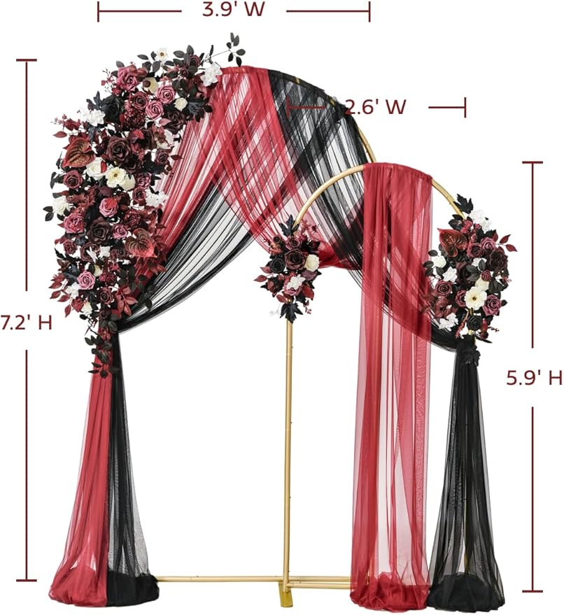 Ling's moment Wedding Arch Backdrop Stand with Flowers - 7.2FT, 6FT Set of 2 Metal Arch Frame with Drapes for Ceremony Decoration - Artificial Floral for Birthday Party, Baby Shower, Black Burgundy