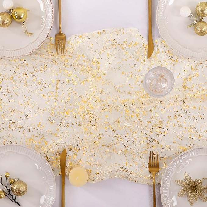 Socomi Gold Table Runner Christmas Gauze Sheer Chiffon Cheesecloth Sequin 10FT Glitter Metallic Foil Dining Wedding Birthday Party Fall Winter Holiday Centerpiece Table Decor 3pcs Beige