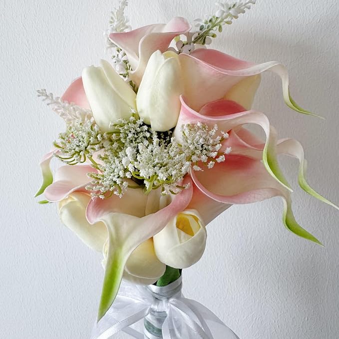 Floral Bouquet 12 Artificial Calla Lilies with 8 Artificial Tulip Flowers, Bridesmaid Bouquet with Wedding Ceremony Festivals Anniversary Bridal Rehearsal Party Bar Table Decor(Cream and Pink)
