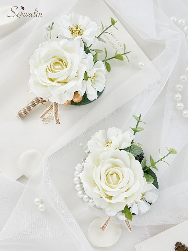 Serwalin Ivory Corsage and Boutonniere Set, Prom Flower Wrist Corsage Bracelets, Homecoming Roses Corsage Wristlet and Men Boutonniere for Wedding Flowers Accessories Prom Suit Decorations
