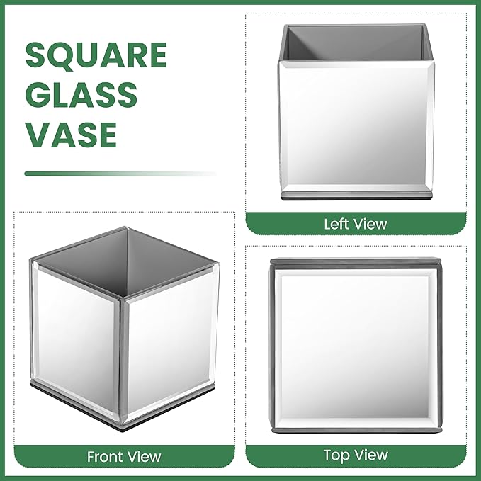 Set of 6 Mirrored Square Glass Vases 4" x4" x4", Silver Flower Vases for Centerpieces, Square Glass Cube Vase Candle Holder for Wedding, Party, Home Office Decoration