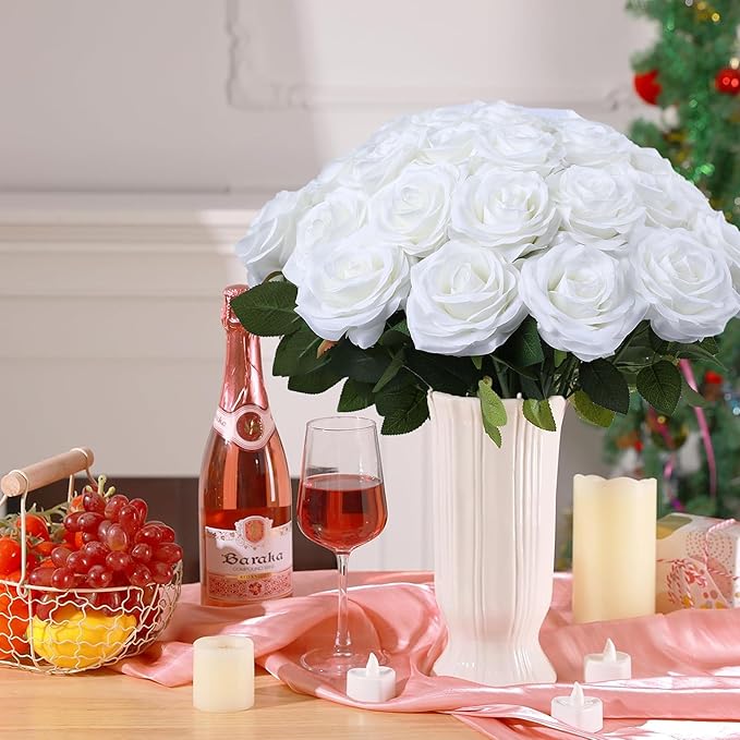Artificial Rose Flower White Flowers White Roses Silk Flowers 50 pcs with Long Stem Silk Roses Bouquet for Wedding Bridal Shower Party Home Decoration