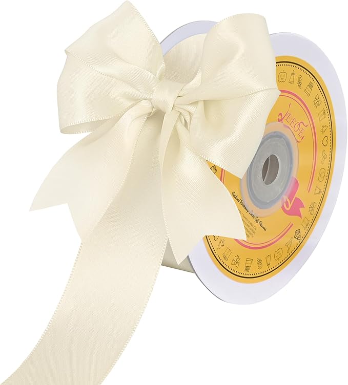 Double Face Ivory Satin Ribbon 1-1/2 inch X 25 Yards Polyester Ivory Ribbon for Gift Wrapping Very Suitable for Weddings Party Hair Bow Invitation Decorations and More