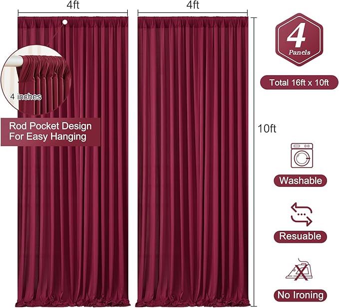 Burgundy Backdrop Curtains 4 Panels - Wrinkle-Free Polyester Photography Drapes for Baby Shower & Birthday Party - 16 X10FT