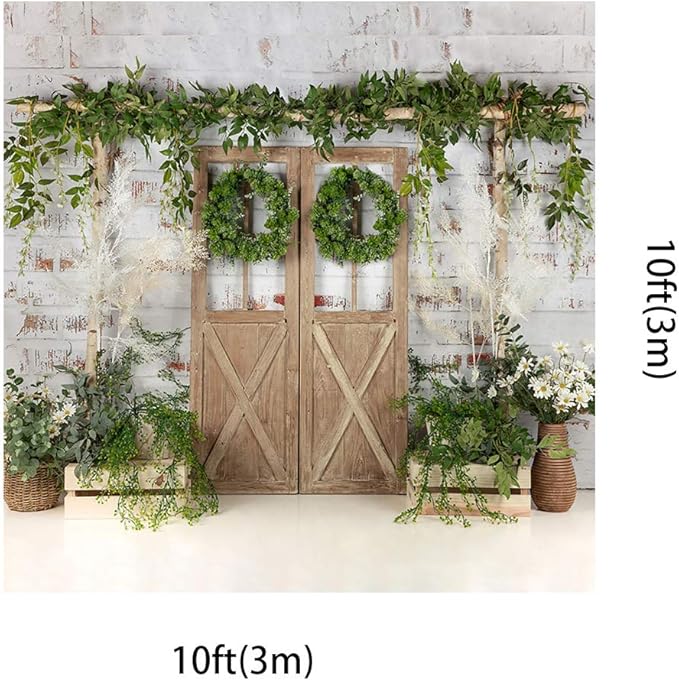 Kate Rustic White Painted Brick Wall Wood Door Photography Backdrops 10x10ft Spring Green Grass and Flowers Photo Backgrounds Baby Shower Backdrop Photoshoot Props