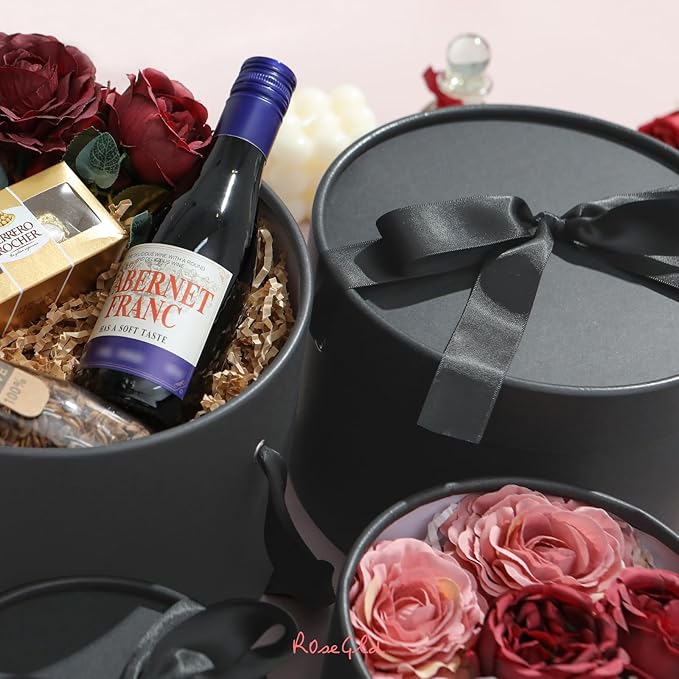 ROSEGLD Round Gift Boxes with Lids Set of 4, Luxury Gift Boxes with Ribbons Assorted Sizes, Nesting Gifts Boxes for Flowers Arrangements, Bridesmaid, Proposal, Wedding, Birthday, Party (Matte Black)