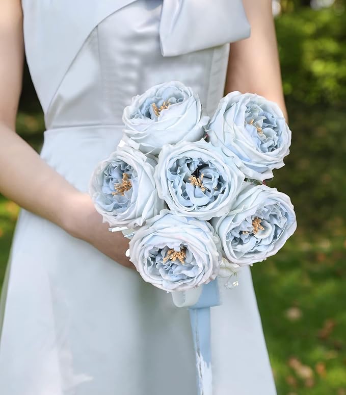IPOPU Blue Roses Artificial Flowers 5PCS Real Touch Peonies Faux Austin Roses with Stems for Wedding Bouquet Party Home Decor (Blue)
