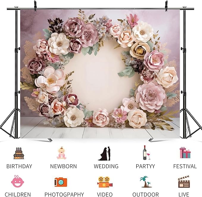8x6ft Wedding Backdrop Purple Pink Floral Theme Photography Background White Flower Garland Green Leaves Bridal Shower Banner Decorations Girls Birthday Party Baby Portrait Photo Booth Prop