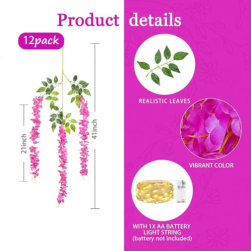 12 Pack Purple Red Wisteria Hanging Flowers Garland with Lights, 3.44 Feet Artificial Flower Vines, Fake Wisteria, Artificial Vines Hanging Garland for Backdrop Outdoor Patio Garden Decor