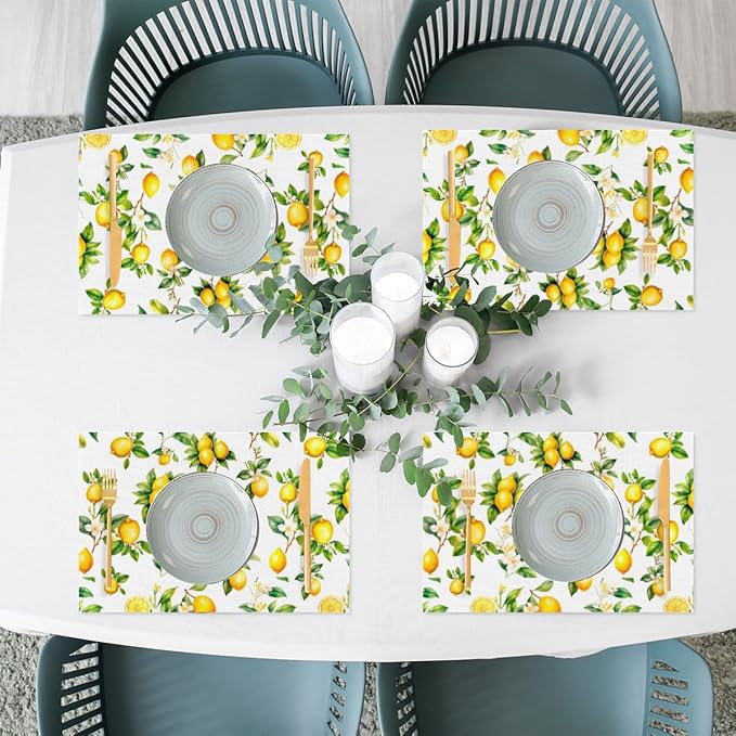 Lemon Tropical Summer Placemats Set of 4 PVC Vinyl Non Slip Table Mats Waterproof Heat Resistant Place Mats Washable Wipeable Dining Table Mat for Kitchen Party Indoor Outdoor Decorative