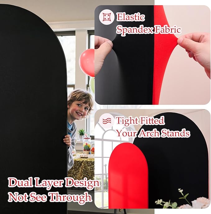 Black Red Arch Backdrop Cover Set of 2-7.2ft 6ft Dual Color Wedding Arch Cover-Wrinkle Free Stretchy Spandex Fitted Chiara Arch Stand Cover for Black Red Theme Birthday Party Photo Photography