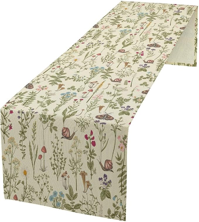 Vintage Mushroom Table Runner Rustic Farmhouse Wildflower Botanical Herbs Retro Boho Nature Plants Spring Summer Seasonal Dinner Runner for Kitchen Cabin Home Holiday Party 13x108in