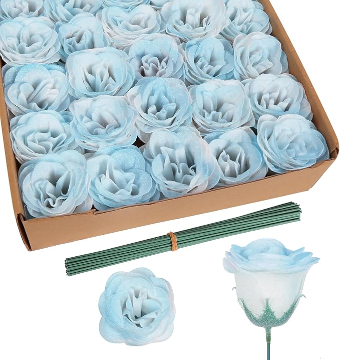 30PCS Light Blue Artificial Roses Fake Glitter Flowers Silk Roses with Stems for Wedding Bouquet Party Christmas Home Decor(Gradient Sky Blue)