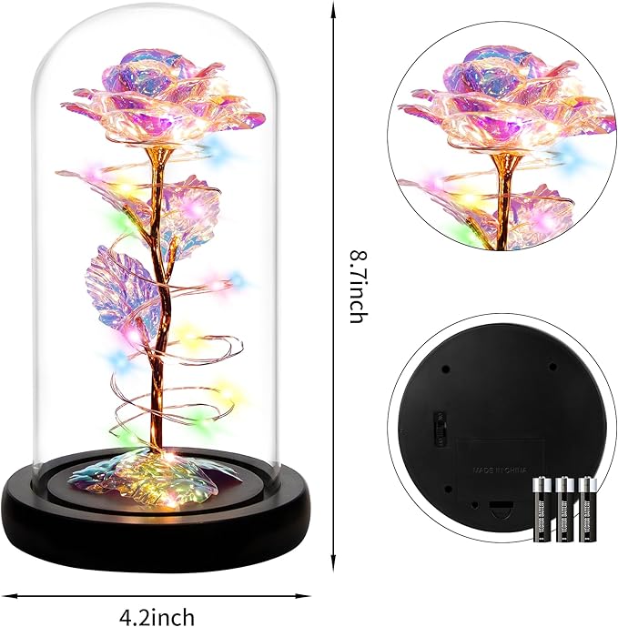 Childom Christmas Rose Gifts for Women,Birthday Gifts for Women Mom Christmas,Flowers for Delivery Prime,Colorful Light Up Rose in A Glass Dome,Anniversary Flowers Gift for Her Grandma Valentines Day