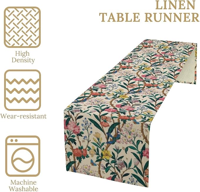 William Morris Vintage Floral Table Runner, Birds Butterflies and Bees Botanical Flower Original Design Print Table Runner for Home Party Dining Room Kitchen Decor 13x90 Inch
