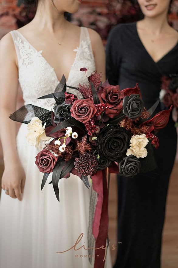 Ling's moment Black and Burgundy Wedding Bouquets for Bride, Gothic Bridal Bouquets for Bride, 13 Inch Free Form Artificial Wedding Flower Bouquet