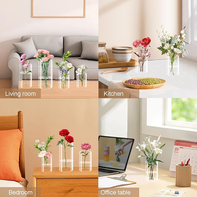 48 Pack Plastic Cylinder Vases, 4 6 8 10 Inch Tall Acrylic Cylinder Clear Flower Vase Set Bulk Glass Like Large Round Plastic Vases for Centerpiece Wedding Home Office