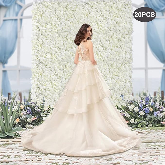 Flower Wall Panels, 20Pcs Artificial Flower Wall 3D Flower Wall Backdrop, 20-Piece Set of White Rose Floral Backdrop for Wedding Home Decoration (Milky-White, 23.6 * 15.9in)